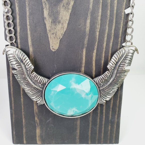 Silver Faux Turquoise Swirled Feather Large Statement Necklace - Picture 2 of 4